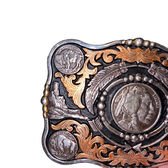 Vintage Justin Tooled Leather Belt Mens Size 38 Buckle Native American Buffalo - Picture 11 of 13